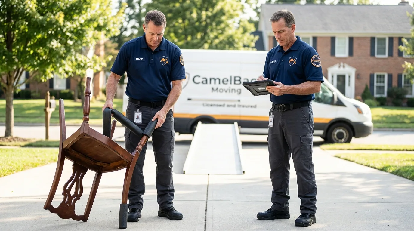 Movers inspecting furniture for damage prevention before loading in Kimberly, AL