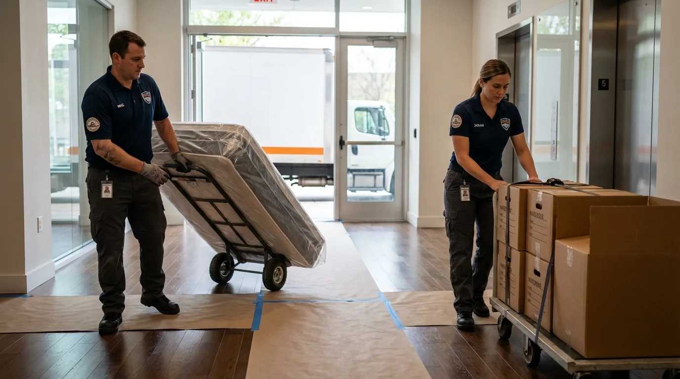 Professional apartment movers loading elevator in Kimberly, AL